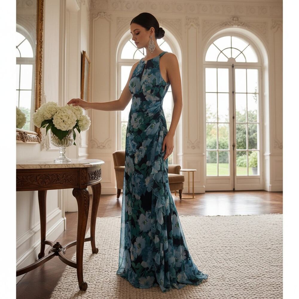 Betsy & Adam Women’s Size 10 Blue Floral Gown NWT Zip Back